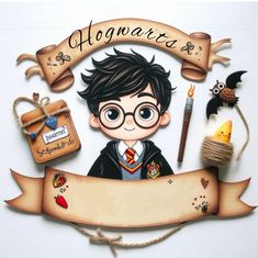 an image of a harry potter with hogwart's banner and other items around it