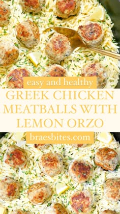 Delicious, healthy and easy Greek chicken meatballs topped over a lemon orzo pasta. Baked Sage Chicken Meatballs With Orzo, Lemon Orzo Meatball, Country Club Chicken, Easy Greek Chicken Meatballs With Lemon Orzo, Chicken Meatball Orzo Recipes, Dinner For 1 Ideas, Lemon Chicken Meatballs With Orzo, Orzo With Meatballs, Greek Meatballs And Orzo