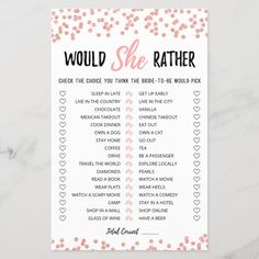 a pink and white wedding game with hearts on it, which reads would she rather be married?