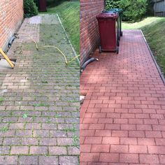 two images side by side one shows a brick walkway and the other shows a red trash can