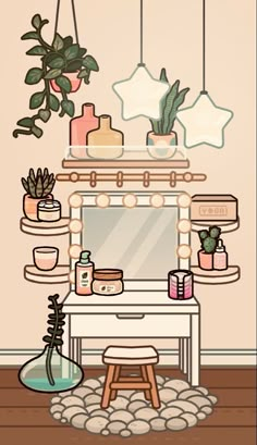 a room with a mirror, potted plant and other items on the table in front of it