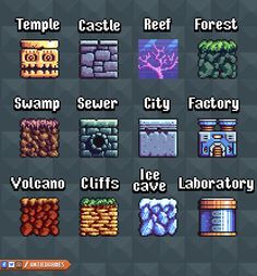 an old school computer game showing different types of items and text that are in the style of pixel art