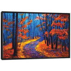 an oil painting on canvas of a road in the woods with trees and yellow leaves