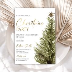 a christmas party card with a pine tree on it