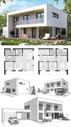 two story house plans with three levels and four floors, one floor is open to the living