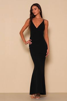 Who could possibly resist you in the Lulus All this Allure Black Strappy Backless Mermaid Maxi Dress? Medium-weight, stretchy crepe knit creates this absolute knockout of a dress and its princess-seamed bodice, V-neckline, and sexy open back with a network of crisscrossing straps. Figure-skimming skirt flares out at the maxi hem to create a dramatic mermaid silhouette. Hidden back zipper/clasp. Fit: This garment fits true to size. Length: Floor length. Size medium measures 59" from shoulder to h V-neck Elastane Maxi Dress For Night Out, Black Elastane Evening Dress For Party, Stretch Elastane Evening Dress For Night Out, Stretch Fishtail Maxi Dress For Night Out, Fitted Fishtail Bodycon Dress For Night Out, Fishtail Bodycon Dress For Night Out, Maxi Length Elastane Bodycon Dress For Night Out, Vamp Birthday, Vamp Dress