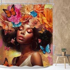 a woman with butterflies on her head shower curtain