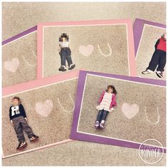 four pictures of children laying on the ground with hearts drawn on them and one child lying down