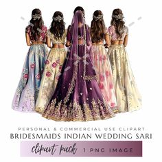 Indian Bride in Purple Lehenga with Bridesmaids Clipart | Pastel Sarees | Wedding Art 💜✨ Add elegance and tradition to your wedding designs with this beautiful Indian Bride & Bridesmaids Clipart! Featuring a stunning back view of a bride dressed in a gorgeous purple lehenga, surrounded by her bridesmaids in soft, pastel-colored sarees, this illustration captures the beauty of an Indian, Hindu, or Desi wedding. Perfect for brides, wedding planners, and designers, this clipart brings an exquisite Indian Wedding Outfits Purple, Purple Desi Wedding Dress, Indian Fusion Wedding Bridesmaids, Purple Bollywood Embroidered Fabric For Weddings, Purple Themed Indian Wedding, Desi Bridesmaids, Indian Wedding Bridesmaids, Bridesmaid Indian, Indian Wedding Sari