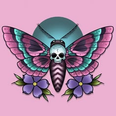 a colorful butterfly with blue eyes and purple flowers on it's chest, sitting in front of a pink background