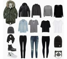 an assortment of clothes and accessories arranged in a grid