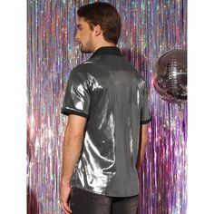 Check out this stunning Shiny Design Color Block Collared Short Sleeves Button Down Closure Nightclub shirt! The sparkling disco button-down shirt is designed to show off your figure and make your style stand out. It's the perfect choice for a night out at a club, a lively party, or a dazzling dancing performance. You can elevate your look by pairing this shiny shirt with faux leather pants and a metallic coat for a touch of glamour. Shiney Shirt, Metallic Shorts, Glitter Shirt, Disco Shirt, Metallic Party, Nightclub Party, Sequin Shirt, Dance Performance, Faux Leather Pants