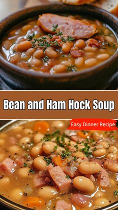 bean and ham hock soup with bread in the background