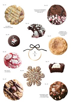 a poster with different types of cookies and pastries on it's side, including one