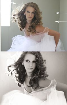 two different pictures of a woman in wedding dress and the same one with her hair pulled back