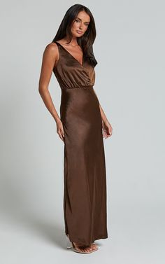 Melodie Midi Dress - V Neck Satin Slip Dress in Chocolate | Showpo USA Elegant V-neck Slip Dress For Formal Occasions, V-neck Satin Maxi Dress, Formal Slip Dress With Satin Lining, Solid Satin V-neck Maxi Dress, Solid Color Satin Maxi Dress With V-neck, Elegant Satin V-neck Bridesmaid Dress, Dressy Satin Maxi Dress With V-neck, V-neck Bias Cut Maxi Dress For Dinner, Sleek Satin V-neck Dress For Formal Events