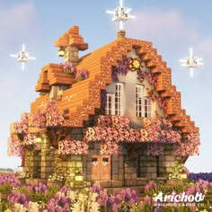 an image of a house with flowers on the roof