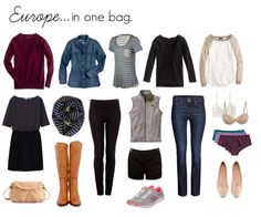 a bunch of clothes and shoes are arranged in the shape of a collage with words europe, in one bag