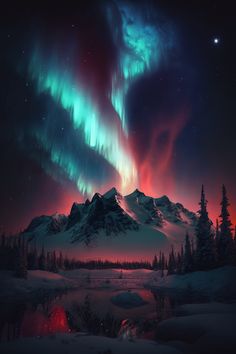 the aurora bore is glowing brightly in the night sky over a snowy mountain and lake