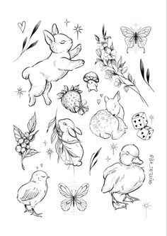 some animals and flowers are drawn in black ink on white paper, with the words love written