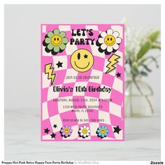 a pink birthday party card with flowers and smiley faces