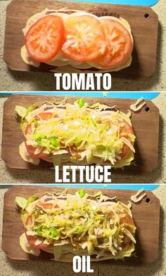 three different types of sandwiches with tomatoes and lettuce on the top one is cut in half