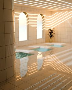 an indoor swimming pool with sun shining on the floor and tiled walls, next to a potted plant