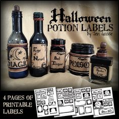 four bottles and labels for halloween potton labels by pen & spoons - digital collage