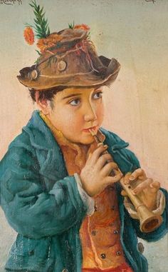 a painting of a boy with a hat playing a pipe and wearing a green jacket