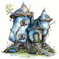 a watercolor painting of a blue fairy house