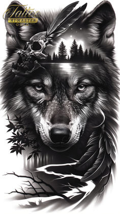 an image of a wolf with feathers on it's head and trees in the background