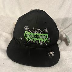 Vintage Goosebumps Hat All Original Tags No Real Signs Of Wear One Smudge On Inside Of Hat Feel Free To Leave Questions In Comments Black Snapback Cap For Halloween, 90s Curved Brim Streetwear Hat, Black Baseball Cap For Streetwear, Casual Halloween Cap, Halloween Snapback Hat For Streetwear, Snapback Hats For Halloween Streetwear, Casual Adjustable Baseball Cap For Halloween, Casual Halloween Baseball Cap With Curved Brim, Snapback Streetwear Hats For Halloween