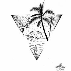 a black and white drawing of a triangle with two palm trees on the other side