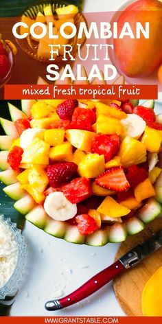 a close up of a fruit salad on a plate with the title text below it