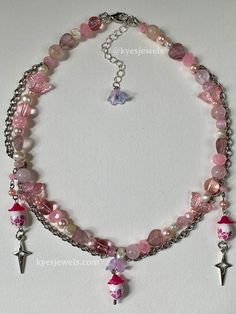 Whimsical Pink Beaded Necklaces As Gift, Whimsical Pink Beaded Necklaces For Gifts, Whimsical Pink Beaded Necklaces With Round Beads, Whimsical Pink Beaded Necklaces, Whimsical Pink Beaded Necklace, Pink Handmade Fairy Kei Jewelry, Handmade Pink Fairy Kei Jewelry, Whimsical Pink Round Beads Jewelry, Pink Necklaces