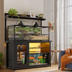 a living room with a fish tank in the center and an aquarium on top of it