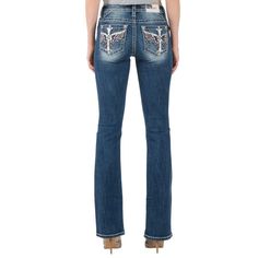 Miss Me Women's Mid-Rise Embroidered Americana Description Show Off Your Lucid Style In This Pair Of Bootcut Jeans Detailed With A Studded Cross And American Flag Art, Embroidered Back Pocket, Fading, Contrast Stitching And A 5-Pocket Design. Features: * 52% Cotton, 27% Rayon, 20% Polyester, 1% Elastane * Imported * Zipper Closure * Machine Wash * 52% Cotton / 27% Rayon / 20% Polyester / 1% Elastane * Zip-Fly With Button Closure * Five-Pocket Design With Americana Angel Wing And Cross Embroidery American Flag Art, Embroidery Product, Cross Embroidery, Flag Art, Jean Jeggings, Dark Blue Color, Contrast Stitch, Selling Online, Pocket Design