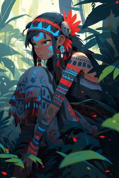 an illustration of a native american girl in the jungle