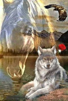 a wolf sitting next to a horse in the water with an eagle flying over it