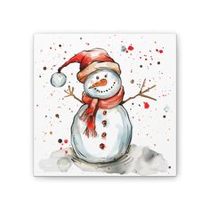 a watercolor painting of a snowman with a red hat and scarf on it's head