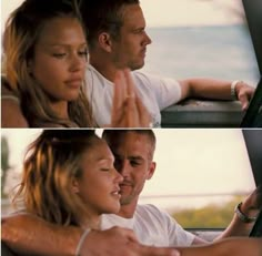 a man and woman sitting in the back seat of a car with their hands together