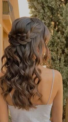 #graduation Beach Wedding Updos For Medium Hair, Soft Curls With Braid, Ethereal Bridesmaid Hair, Grad Hairstyles Medium Length, Braids Hairstyles For Graduation, Hoco Hair Inspo Half Up Half Down, Graduation Guest Hairstyles, Braidmaids Hairstyles Medium Hair, Prom Hair Strapless Dress