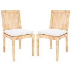 a pair of chairs with white cushions on them