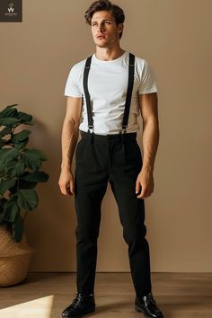 Introducing our versatile and stylish Men's Black Linen Trousers with Attached Suspenders - a contemporary blend of comfort, sophistication, and customization. Crafted with the finest quality linen fabric, these trousers offer a luxurious feel while ensuring breathability and durability. The classic black hue adds a touch of timeless elegance, making them suitable for various occasions. The attached suspenders not only provide a unique and fashionable twist but also offer a practical solution to Casual Suspender Outfit Men, Suspenders Outfit Mens, Casual Suspenders Outfit, Suspenders Outfit Men, Rock Outfit Men, Mens Wedding Guest Outfit, General Clothes, Suspenders Men Fashion, Frozen Jr