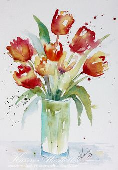 a watercolor painting of flowers in a vase