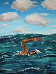 a painting of a man swimming in the ocean