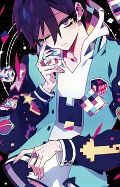 an anime character holding a cell phone to his ear and looking at the camera with pink, blue, purple and black colors