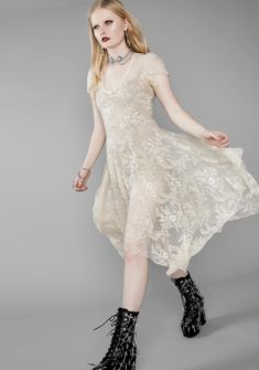 Widow Dearly Departed Lace Dress | Dolls Kill Light Floral Dress, Occult Clothing, White Goth, Lace Shrug, Lace Handkerchief, Handkerchief Hem Dress, Valentine Dress, Lace Romper, Gothic Outfits