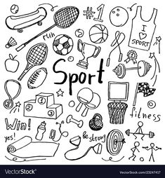 the word sport surrounded by hand drawn sports items