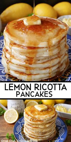 lemon ricotta pancakes stacked on top of each other